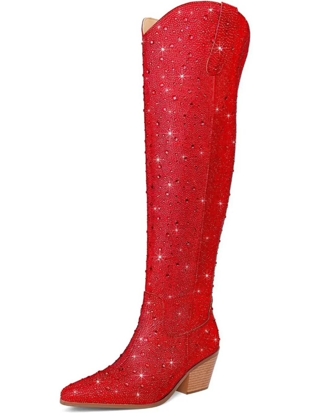 Women's Red Rhinestone Sparkly Bling Side Zippers Over the Knee High Boots